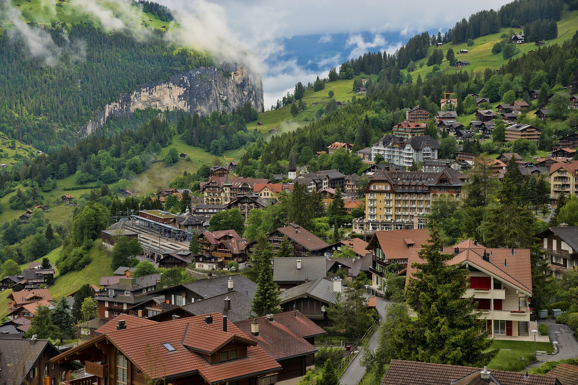 The alpine village of Wengen beneath the Bernese Oberland, Switzerland