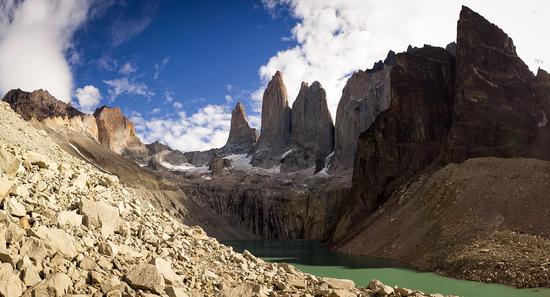 The granite towers of Torres del Paine above a glacial lake, Patagonia