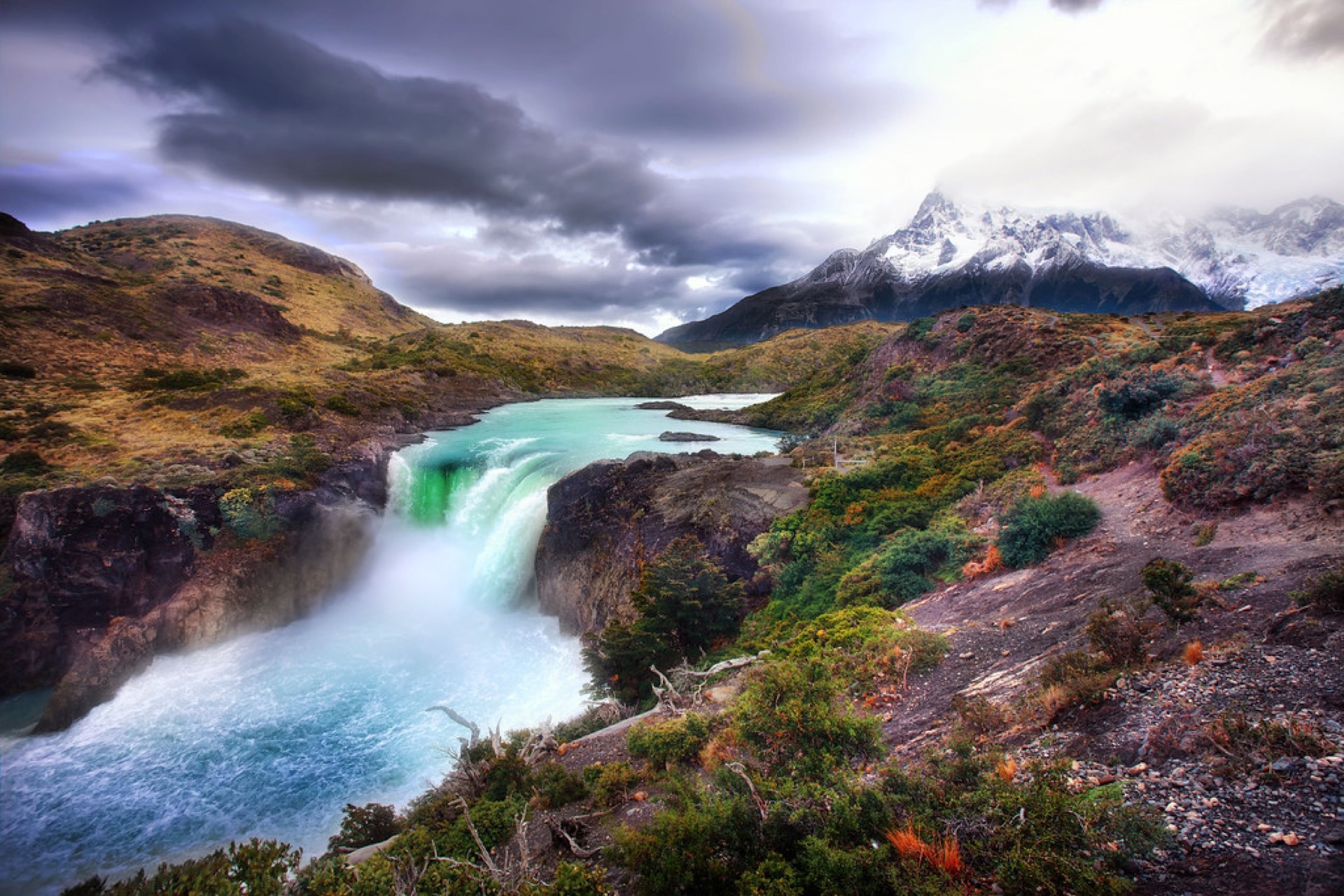 Waterfall and peaks in Torres del Paine National Park, Patagonia